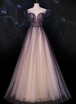 Picture of Charming Tulle Gradient Cap Sleeves Long Party Dresses, A-Line Evening Gown